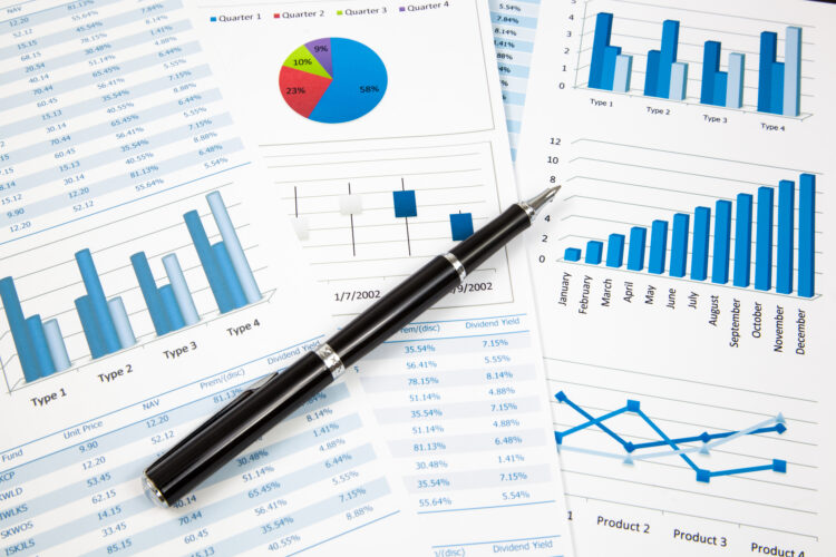 Financial paper charts and graphs